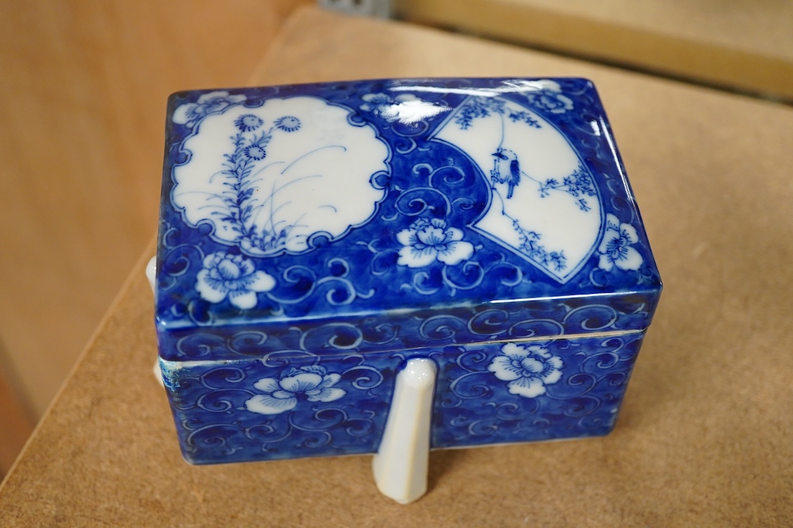 A Japanese Meiji period blue and white porcelain box and cover, 12cm wide